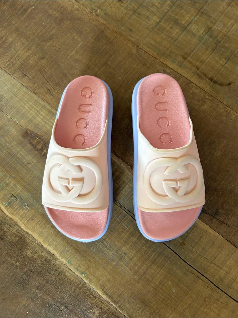 Gucci Pink and Ivory Logo Slide Sandals